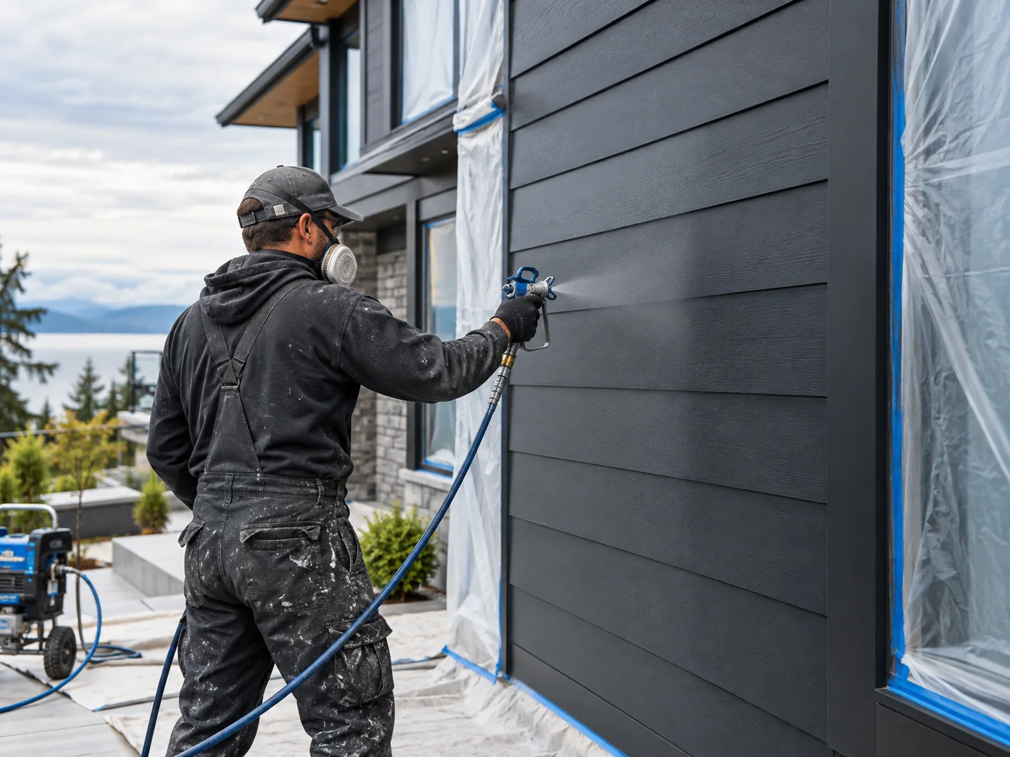 Professional painter applying a dark exterior coating to residential siding